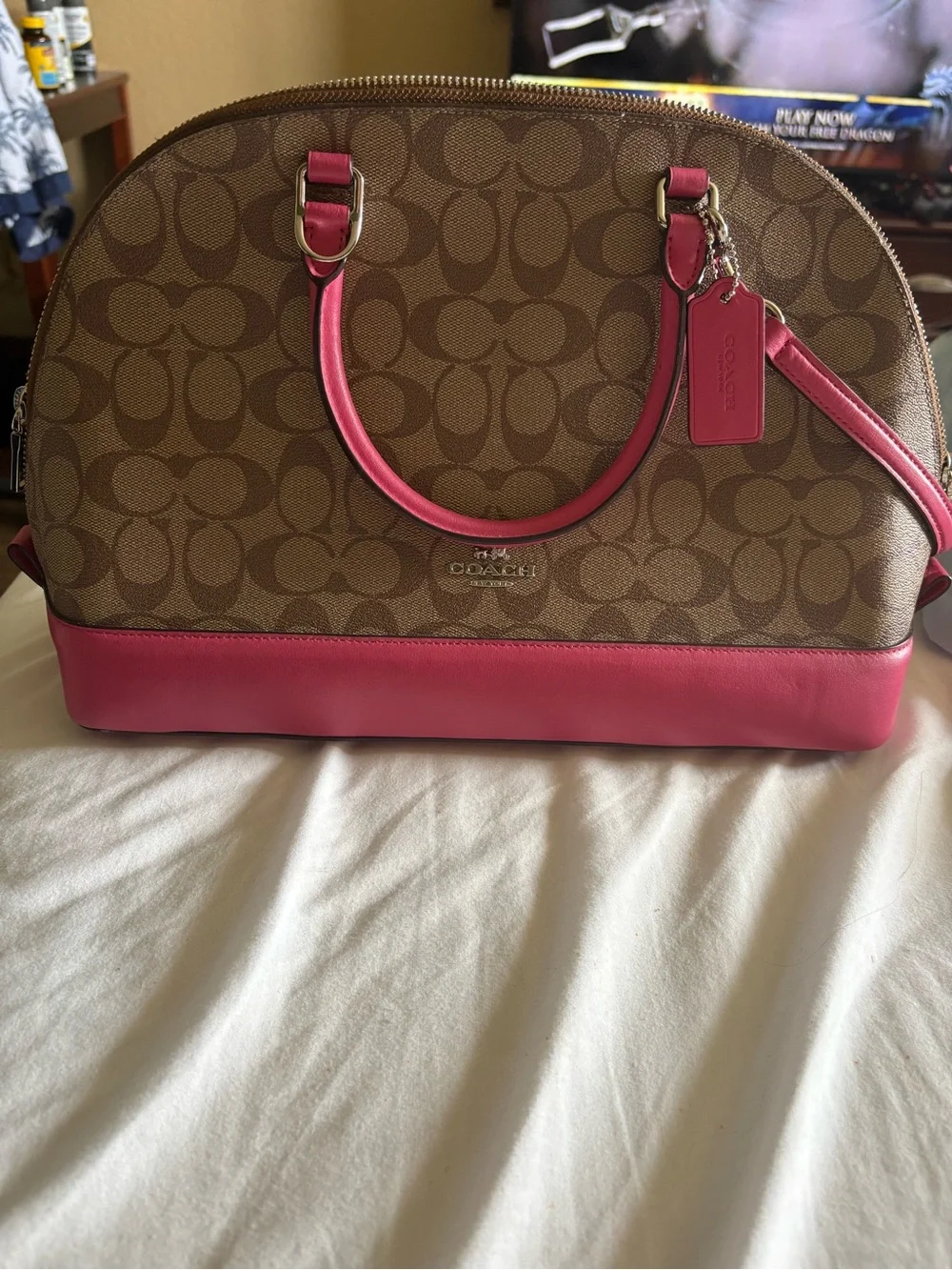 Coach Brown Signature Satchel with Pink Trim